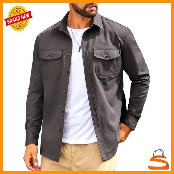 Men's Long Sleeve Button Down Work Shirt Flap Pockets Classic Casual